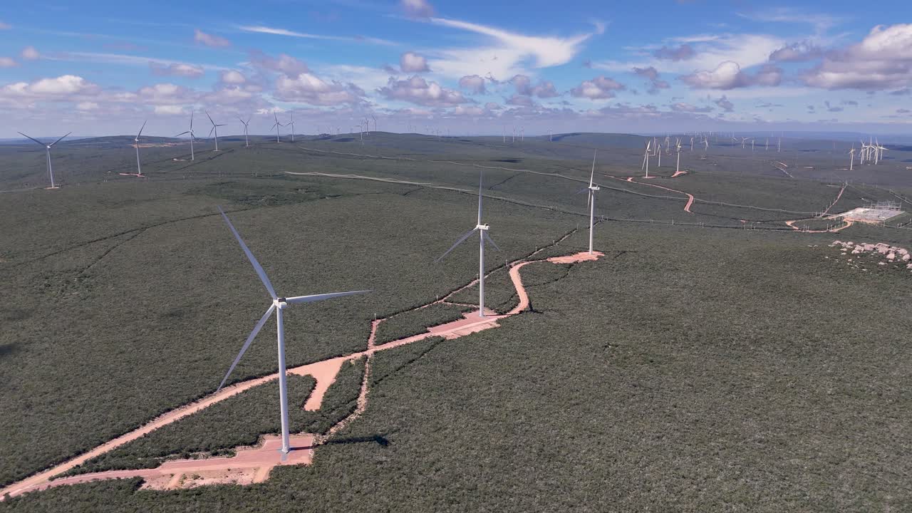 Drone video of wind turbines at the Morro do Chapéu Wind Farm, Brazil