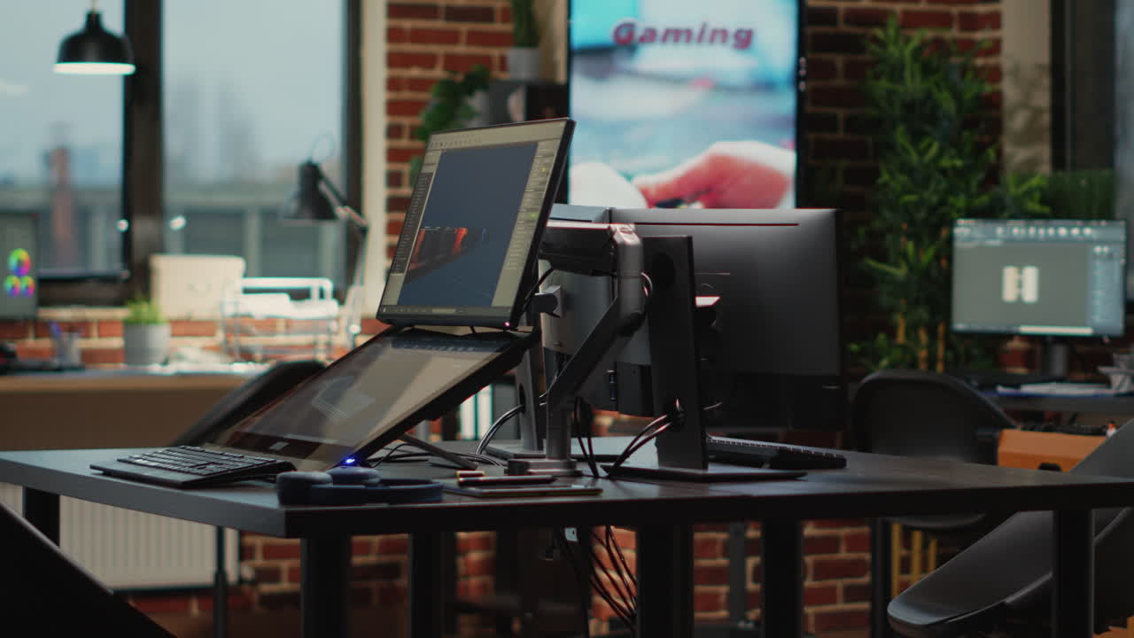 High tech programming office with workstations to plan 3d development