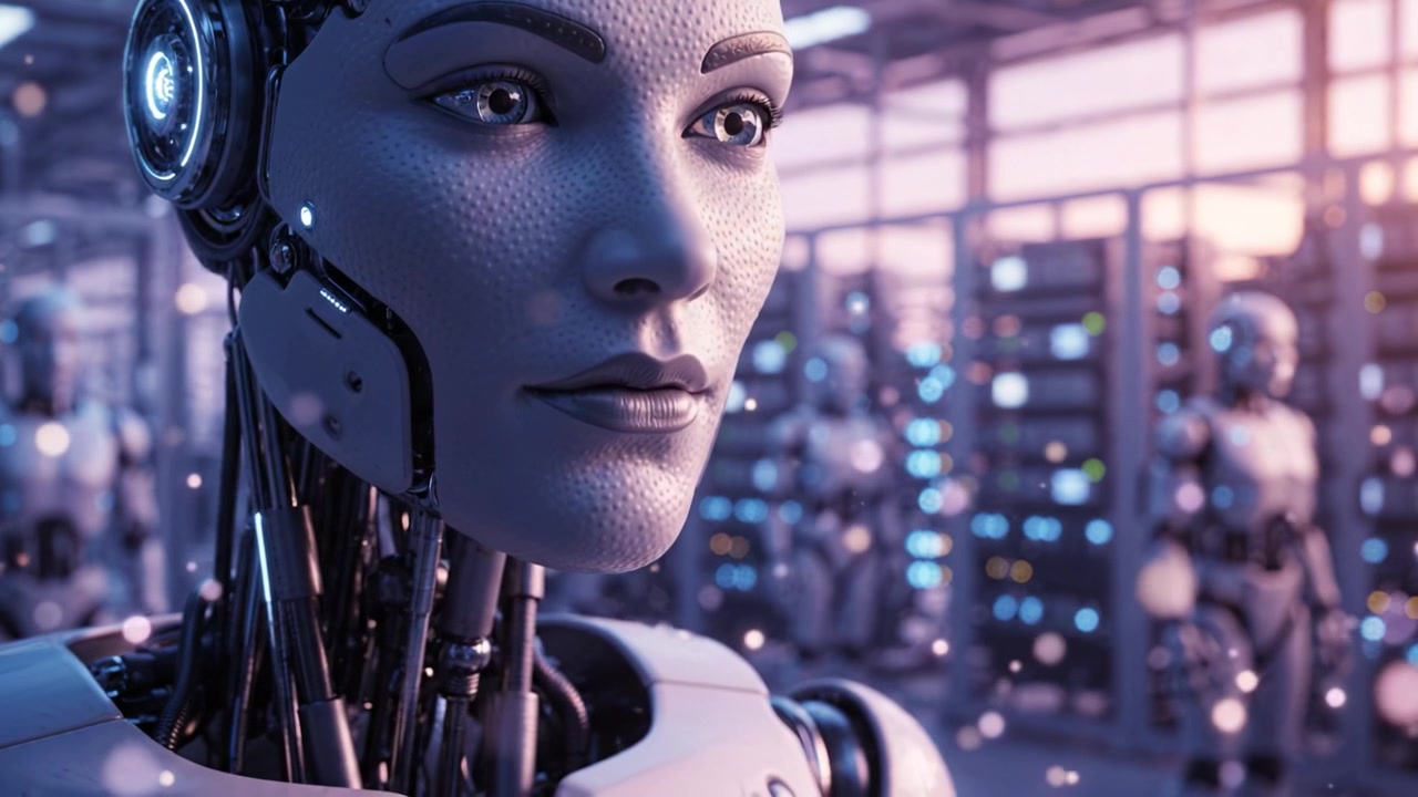 A futuristic robotic figure gazes thoughtfully, showcasing advanced technology amidst a high-tech environment filled with other robots and digital displays.