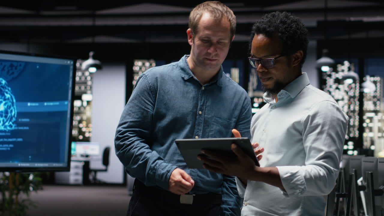 Two Diverse Businessmen Discussing AI Technology on Tablet in Modern Office