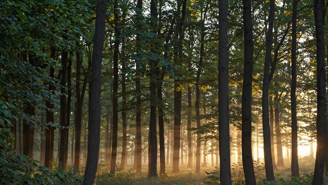 Serene forest video with sunlight filtering through tall trees