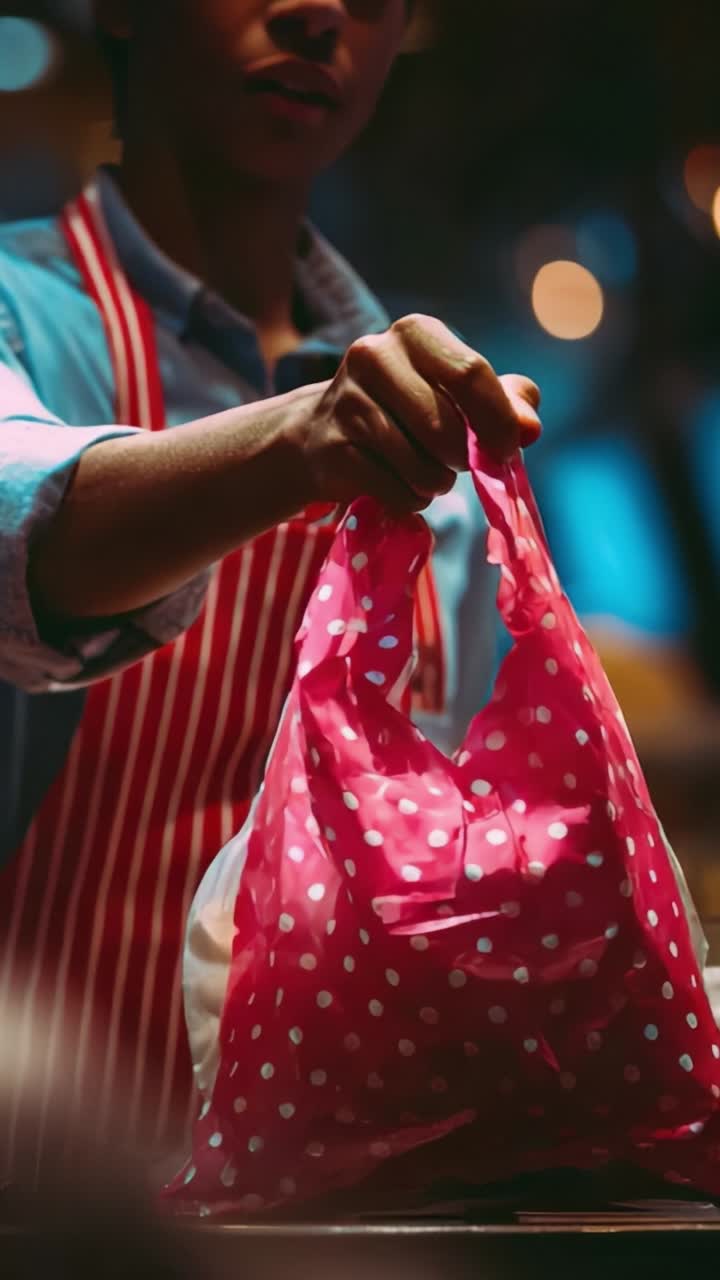 A vendor prepares a colorful bag filled with food as the bustling market comes alive, showcasing the art of food packaging on a vibrant evening