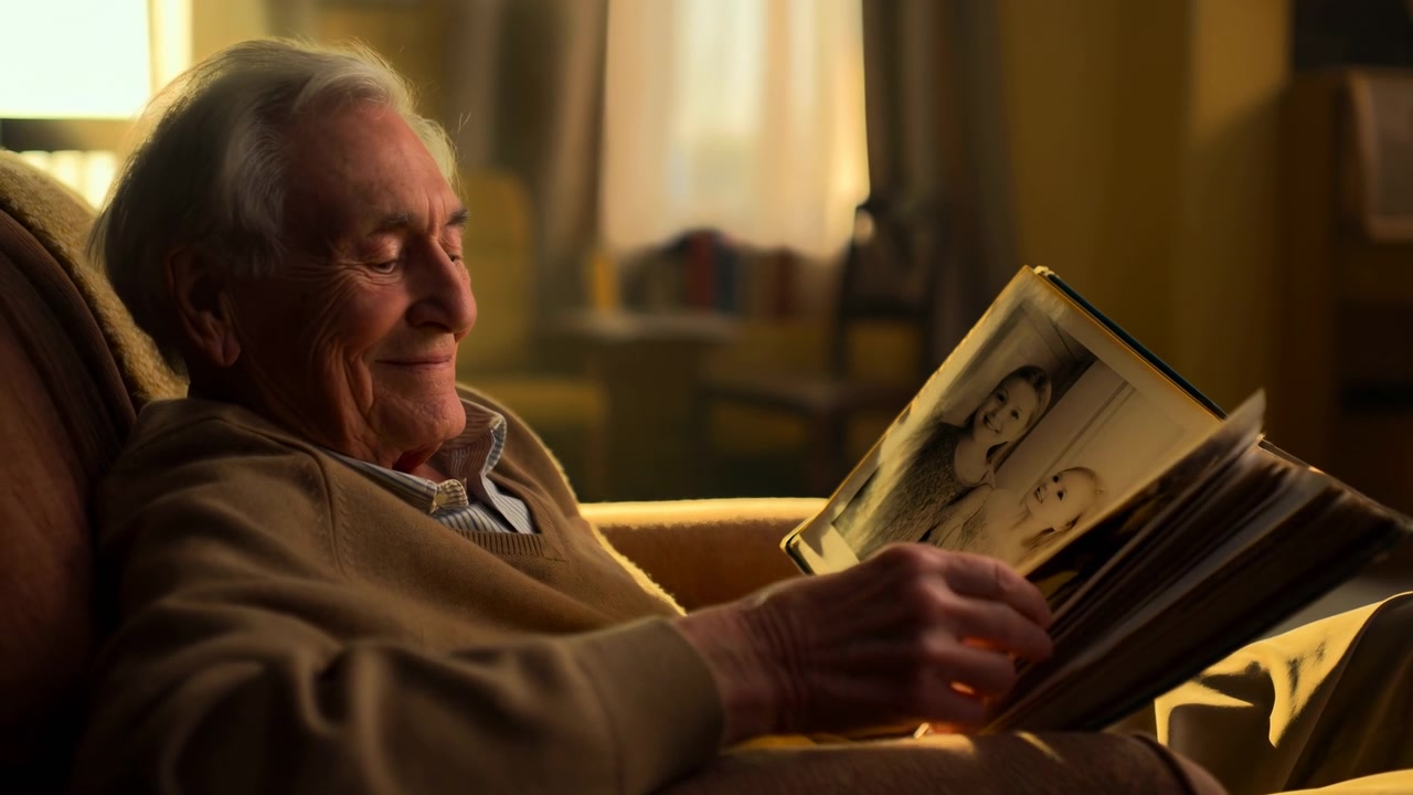 Senior man reading a book, in living room, with book, couch, from a side view perspective, with brown, yellow accents, and relaxed and mood, showing nearby objects and surrounding setting.