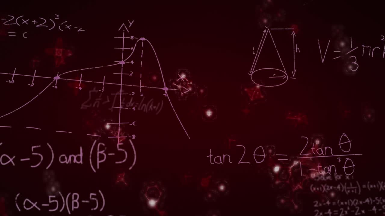 animación de gráficos y fórmulas matemáticas en pizarra roja