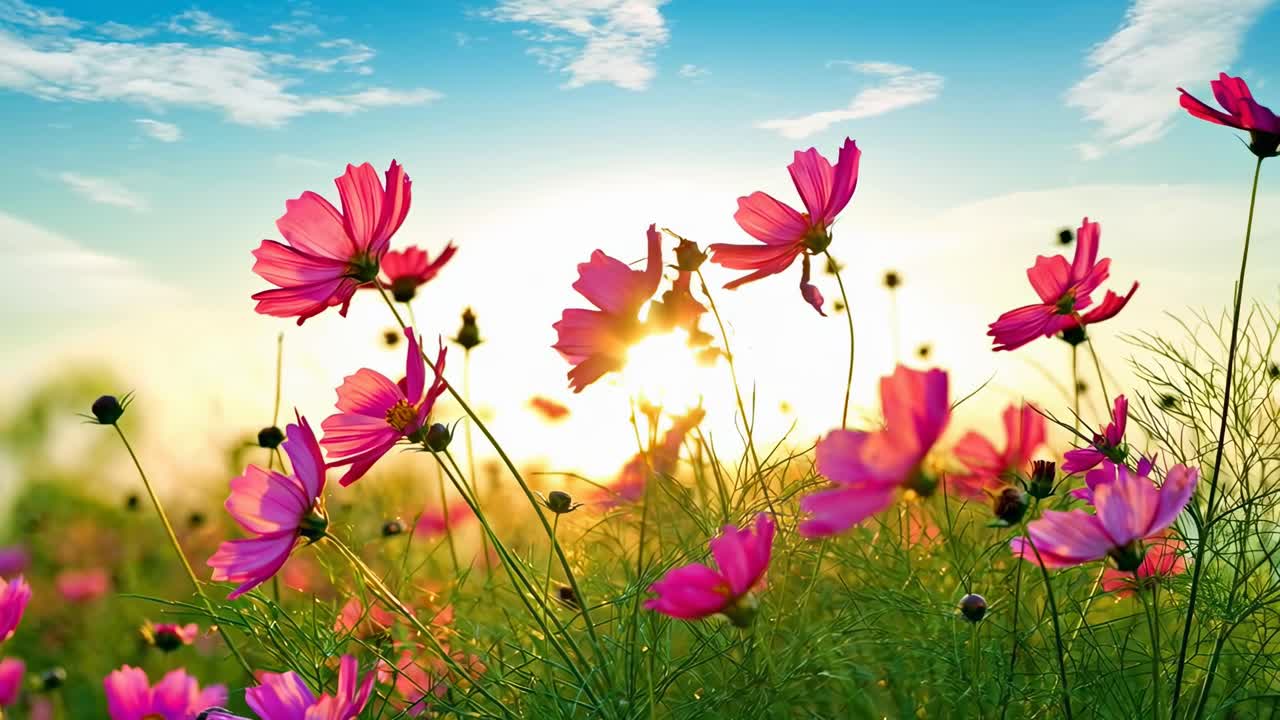 Low-angle video of vibrant pink flowers against a bright sunrise, capturing nature's beauty