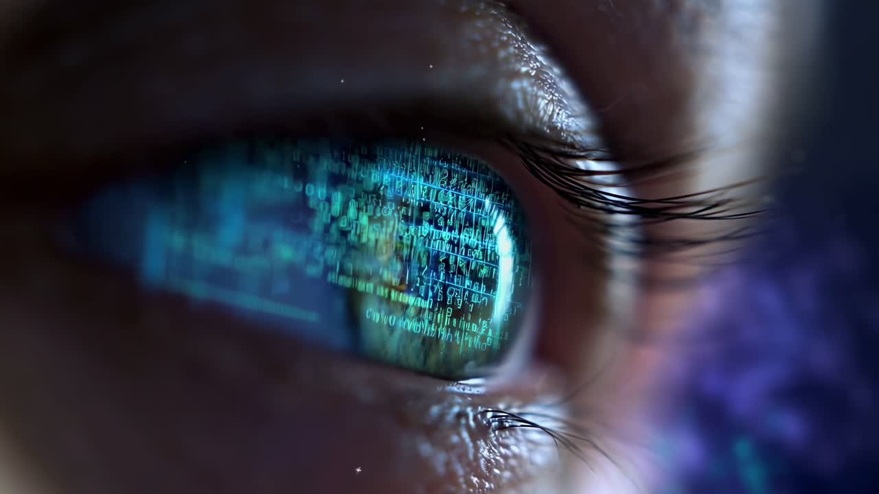 Primo piano di un occhio che riflette dati digitali, ripreso da un'angolazione laterale, in stile video di fantascienza.