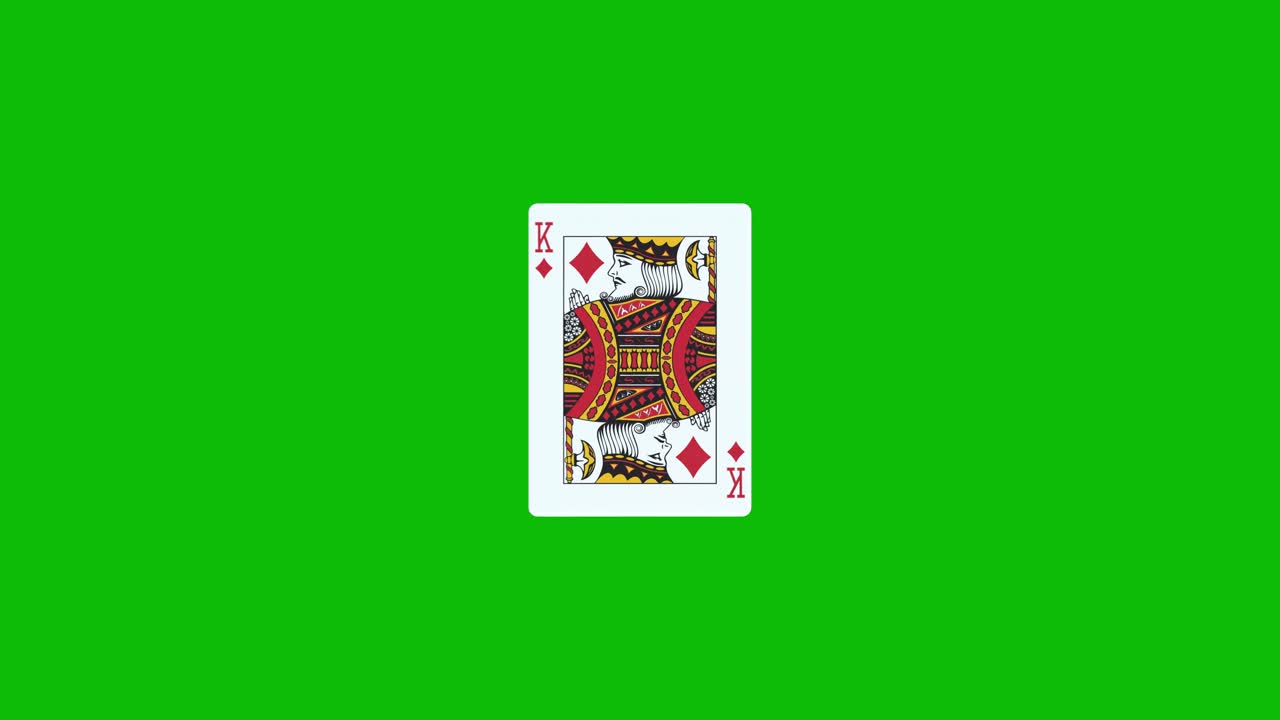 King of diamonds poker card spins and reveals on green screen, 3D animation. You can adjust the timing of the clip to control the reveal effect