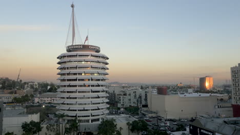 capitol records building in hollywood, los angeles at sunset