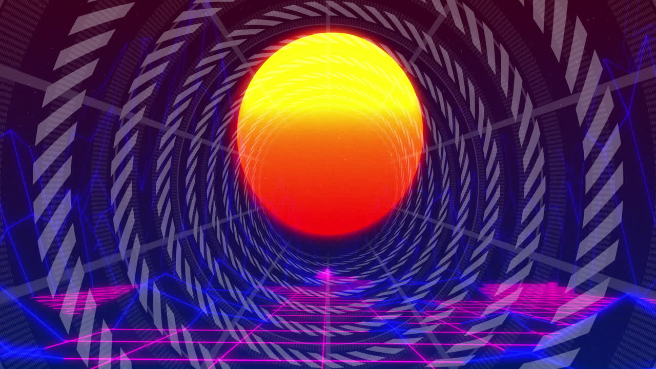 Animation of vibrant sun with geometric patterns and neon grid in tunnel