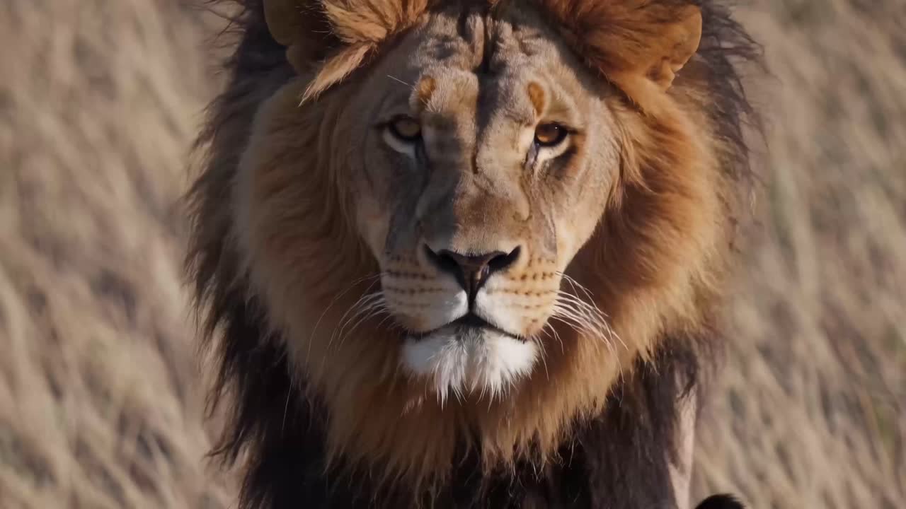 Close-up video of a lion in natural habitat, capturing its intense gaze