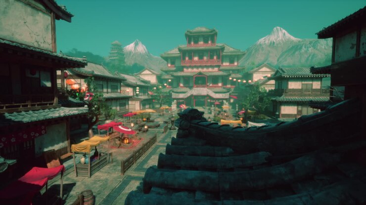 A beautiful view of a traditional Chinese city with mountains in the background