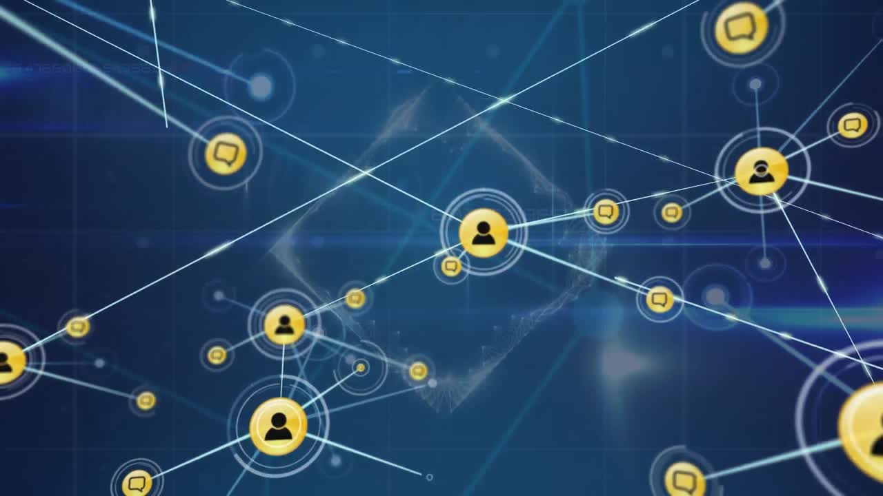 Animation of network of digital icons and light trails against blue background