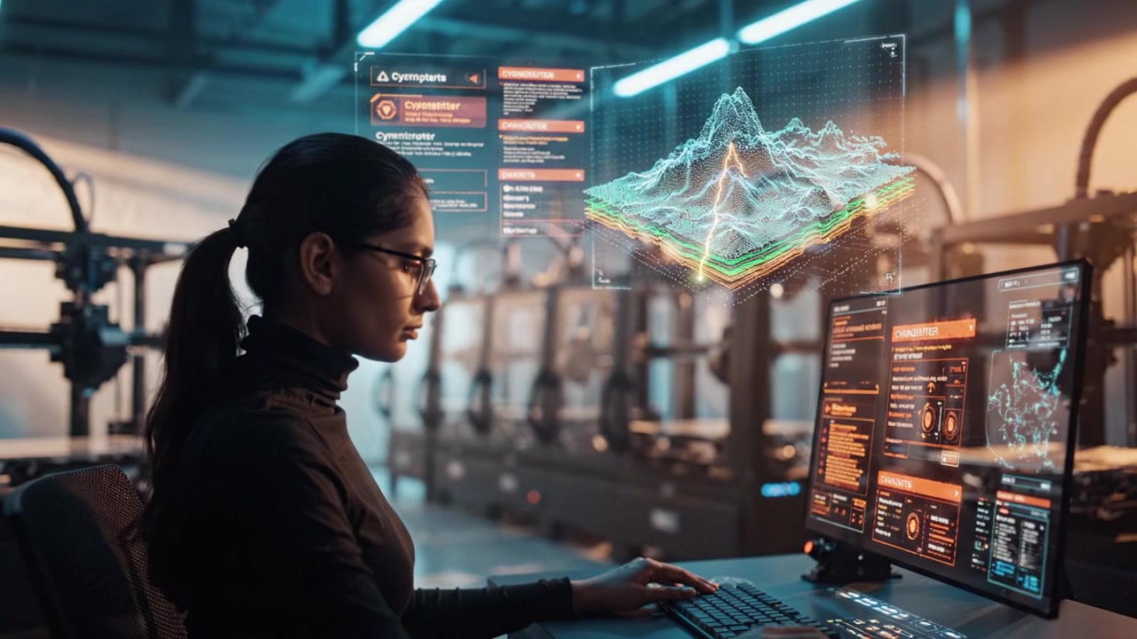 A focused researcher utilizes advanced technology in a high-tech laboratory, analyzing complex data visualizations while surrounded by 3D printers and equipment.