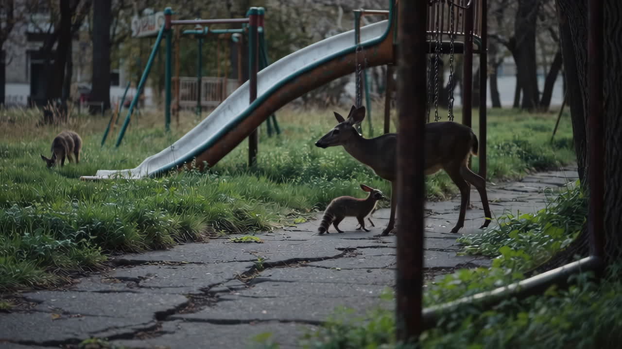 Deer and Raccoons at an Abandoned Playground