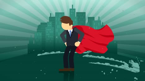 superhero standing on city background. near a cloud of dust. business symbol. leadership and achievement concept. comic loop animation.