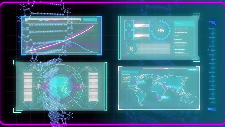 Animation of dna strand over data processing on black background
