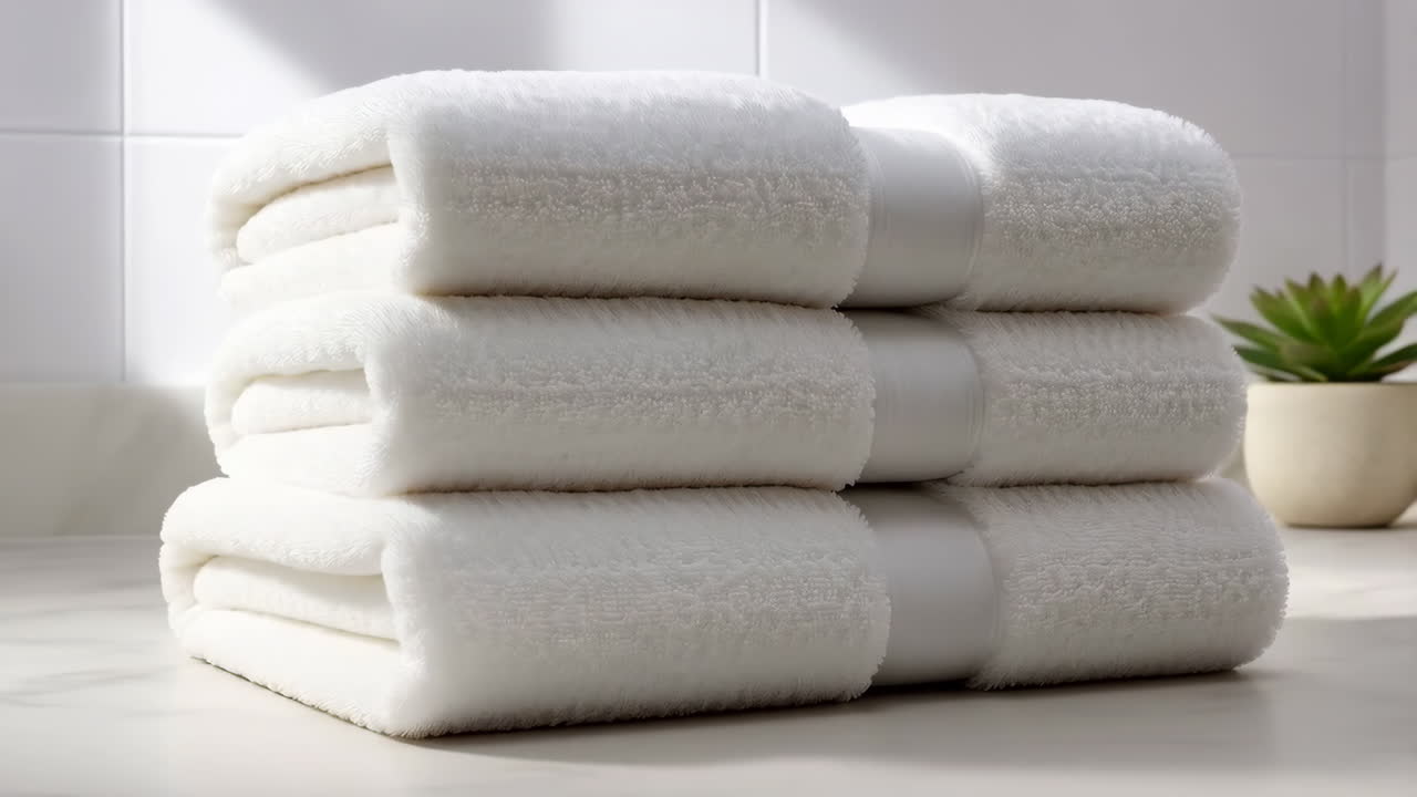 Stack of clean, white folded towels on a counter with a succulent plant