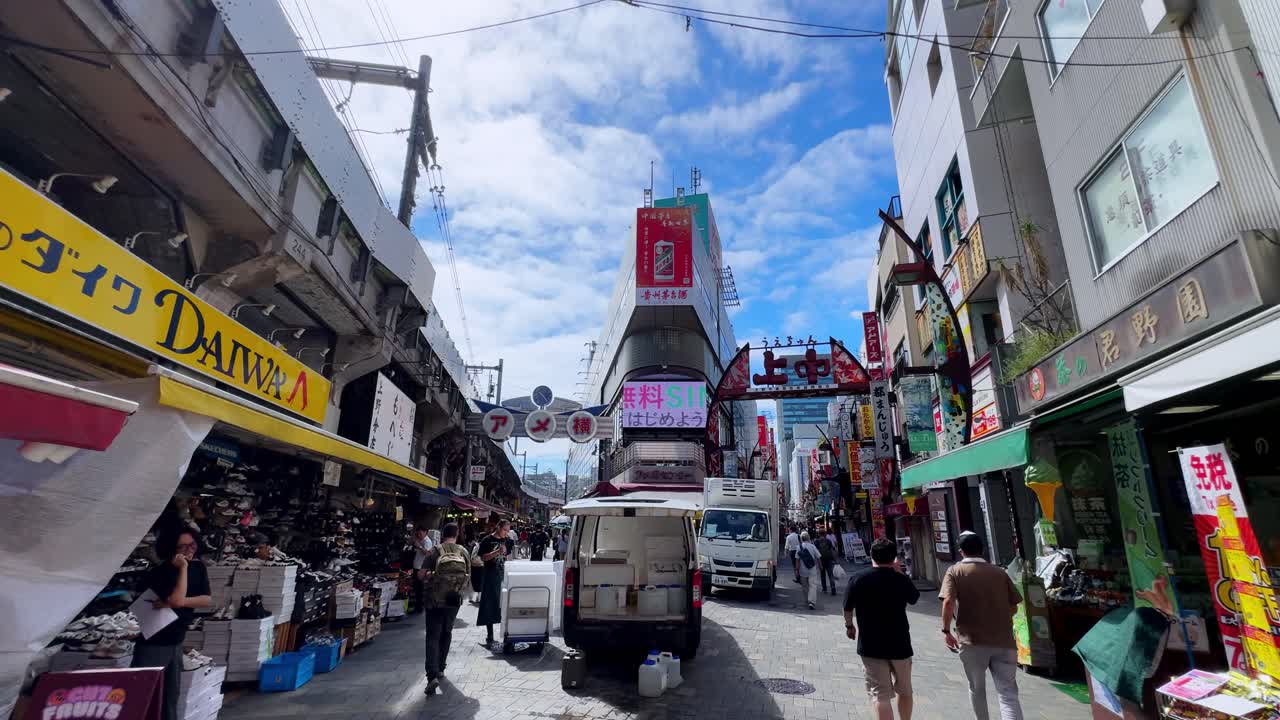 Bustling shopping street with people walking under a bright blue sky in a lively urban setting