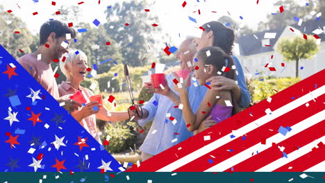 animation of family at birthday party over american flag