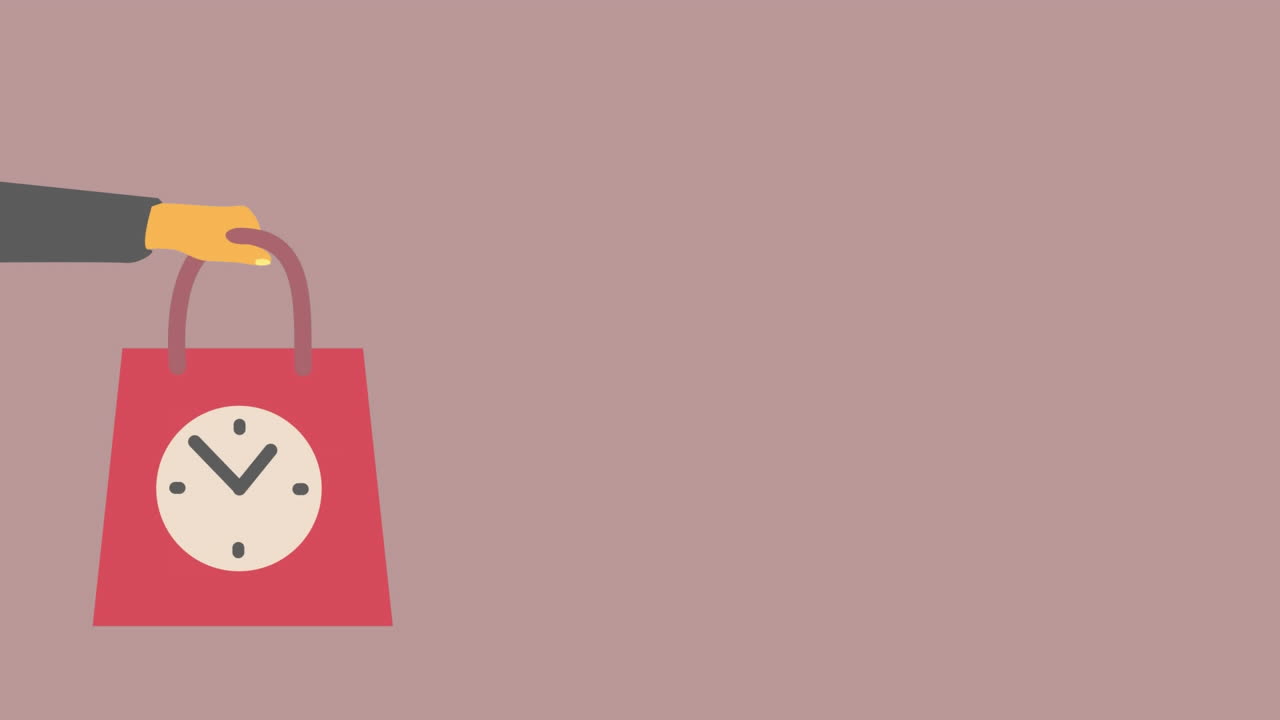 회색 배경 에 틱 하는 시계 와 함께 손 을 들고 있는 쇼핑 가방 아이콘 의 디지털 애니메이션