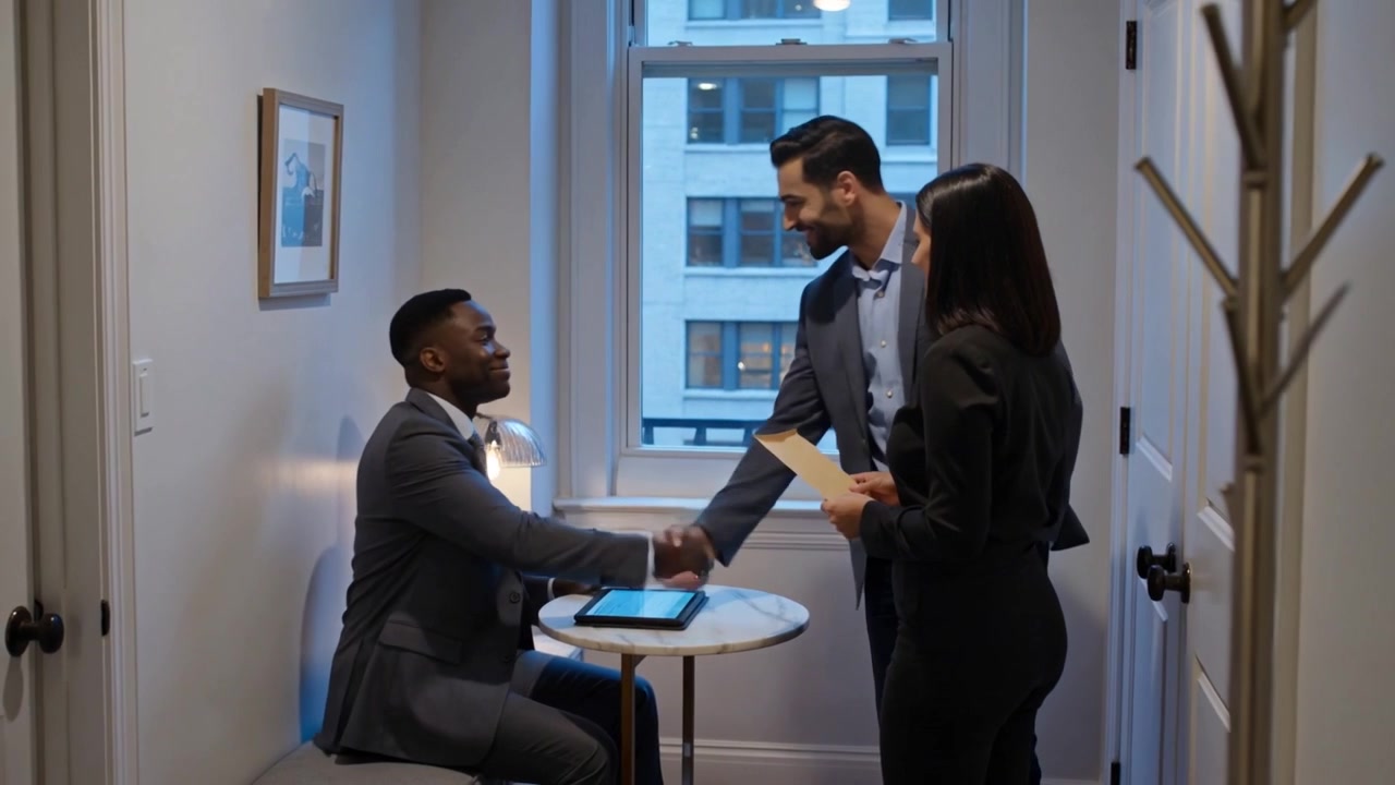 Replying, suited man with tablet viewing manila folder from pair entering at window nook