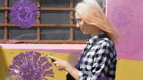 animation caucasian woman walking outside without face mask with spreading coronavirus covid19 cells