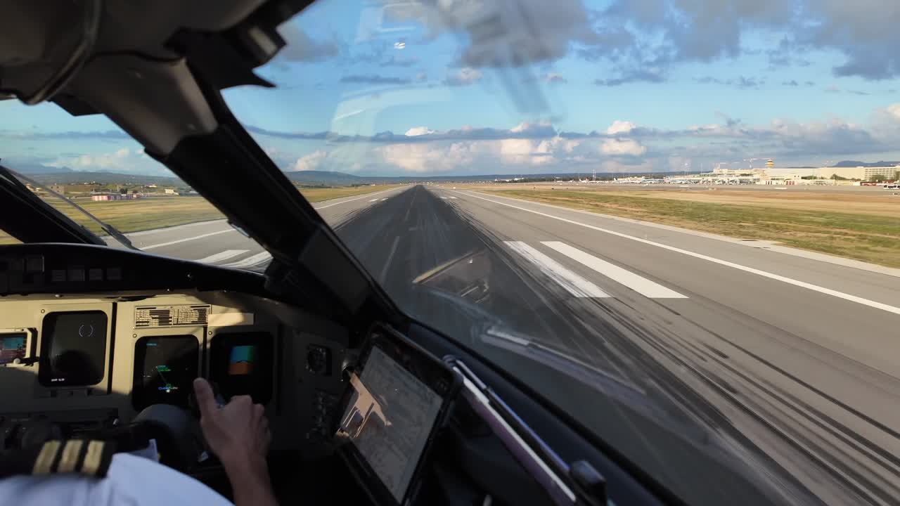 an immersive view of real time landing made by the skilled copilot of a jet airplane with the shadow of the jet over the runway at touchdown.