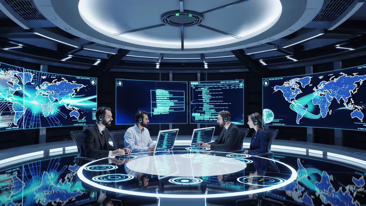 Global Tech Support Team Meeting in a Futuristic Control Room | Premium ...