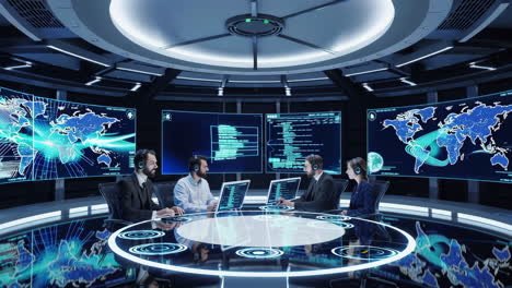 global tech support team meeting in a futuristic control room