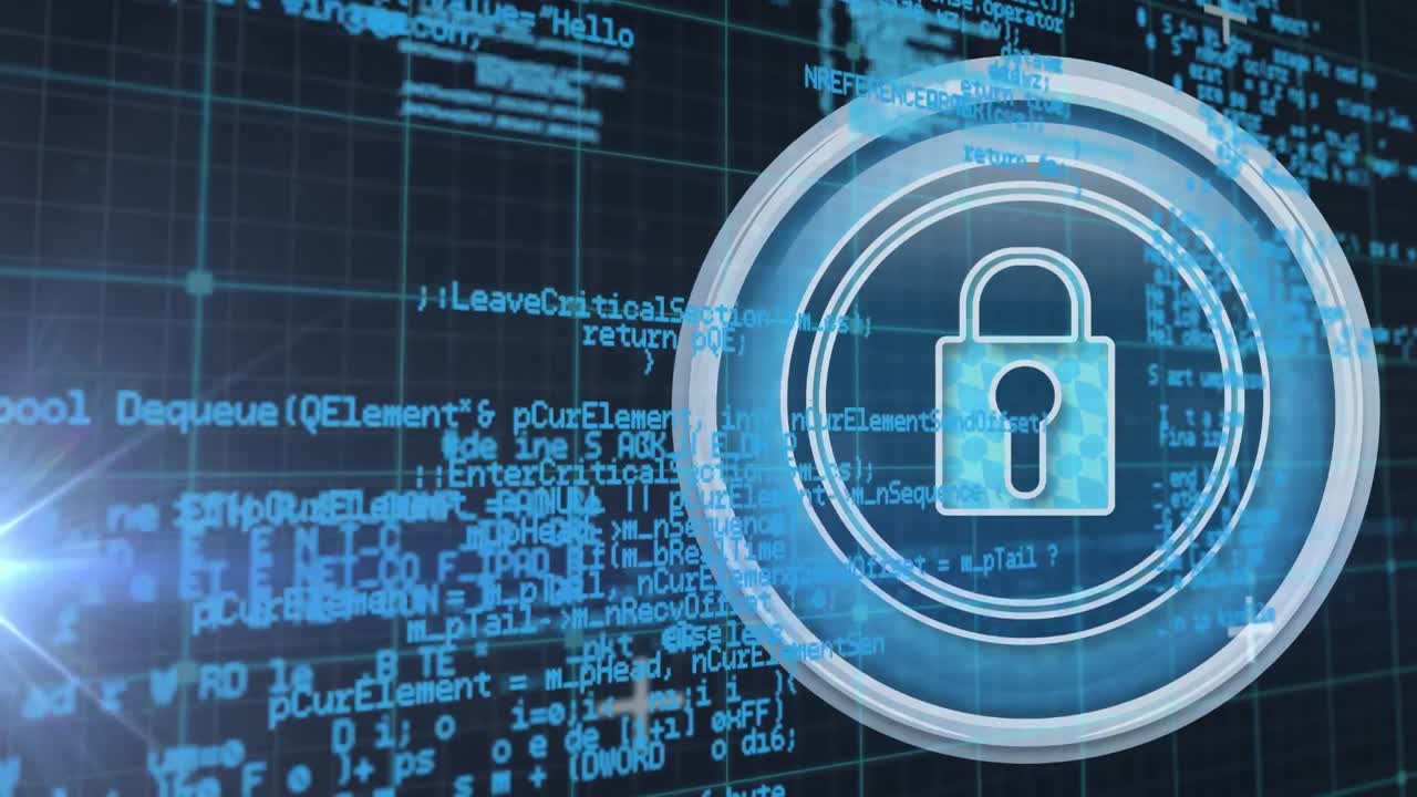 icono de candado de seguridad y procesamiento de datos contra un punto de luz sobre fondo negro