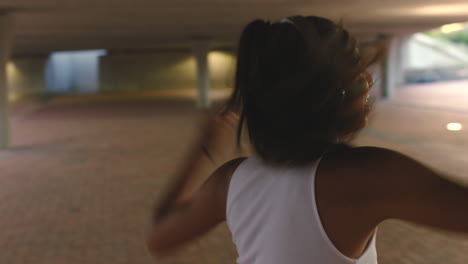 hip hop, city woman and dance to headphones music