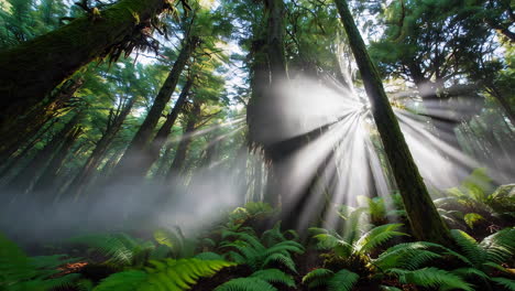 sunbeams piercing through a misty enchanted forest