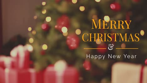 animación de saludos de navidad texto sobre regalo de navidad y árbol de navidad.