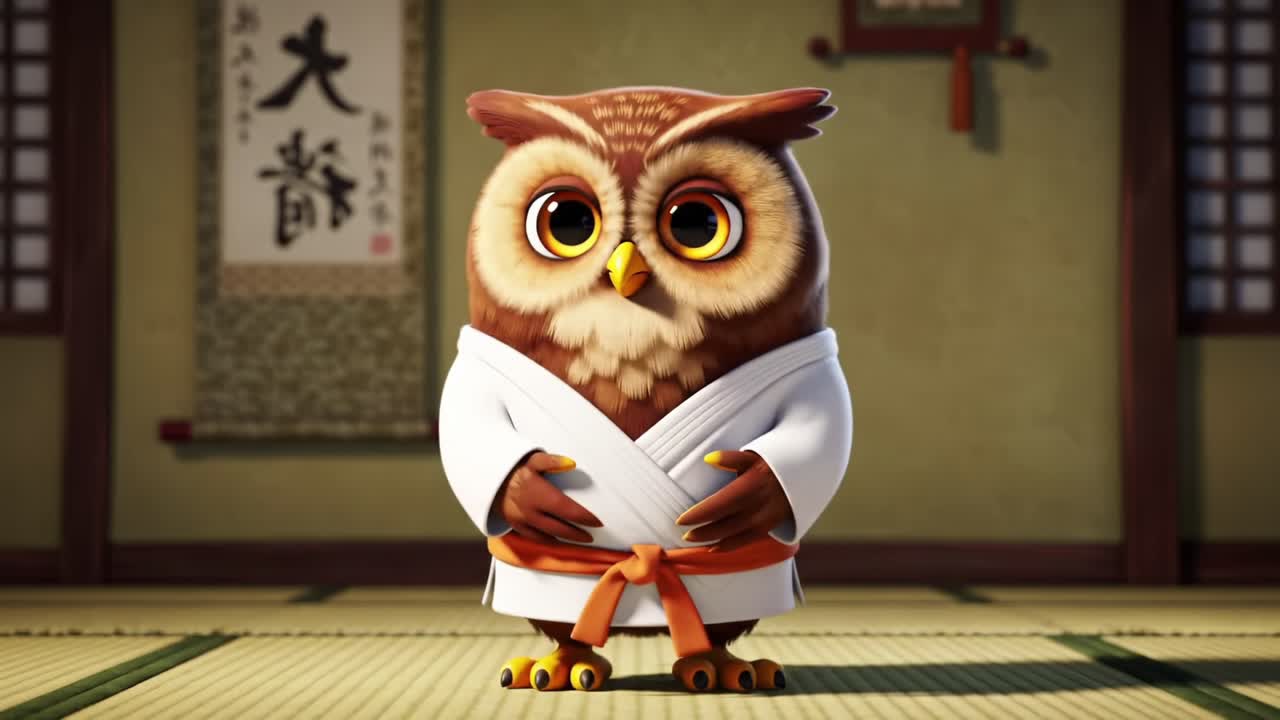 A determined little owl dressed in a martial arts gi stands proudly in a serene dojo setting, embodying the spirit of discipline, focus, and dedication in training