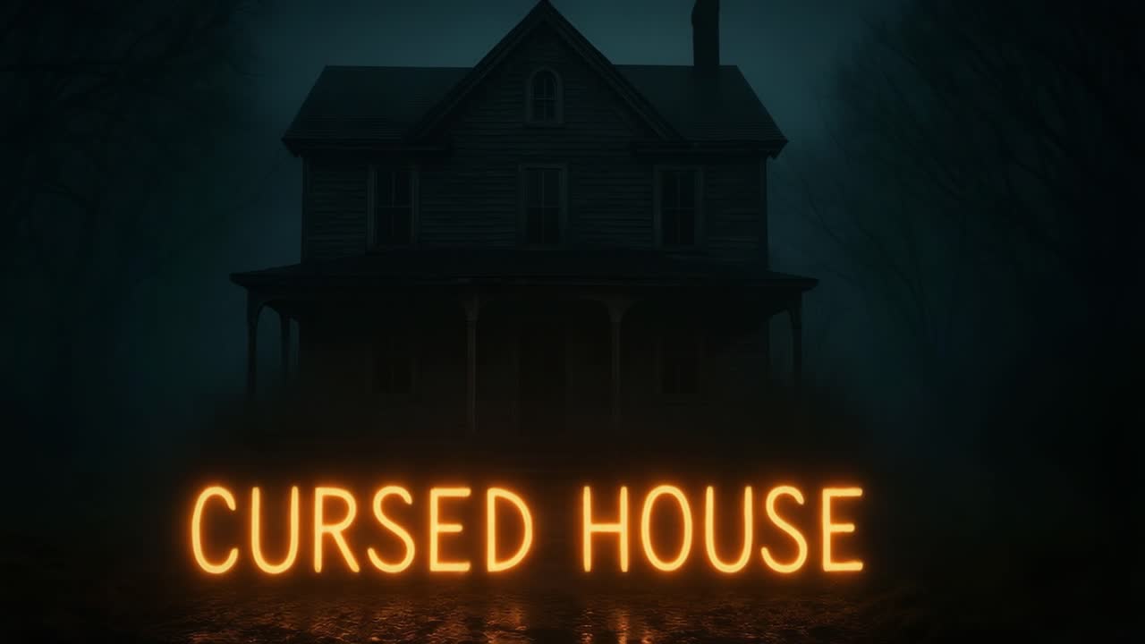 Eerie illuminated sign reading Cursed House in front of a dark, mysterious house at night