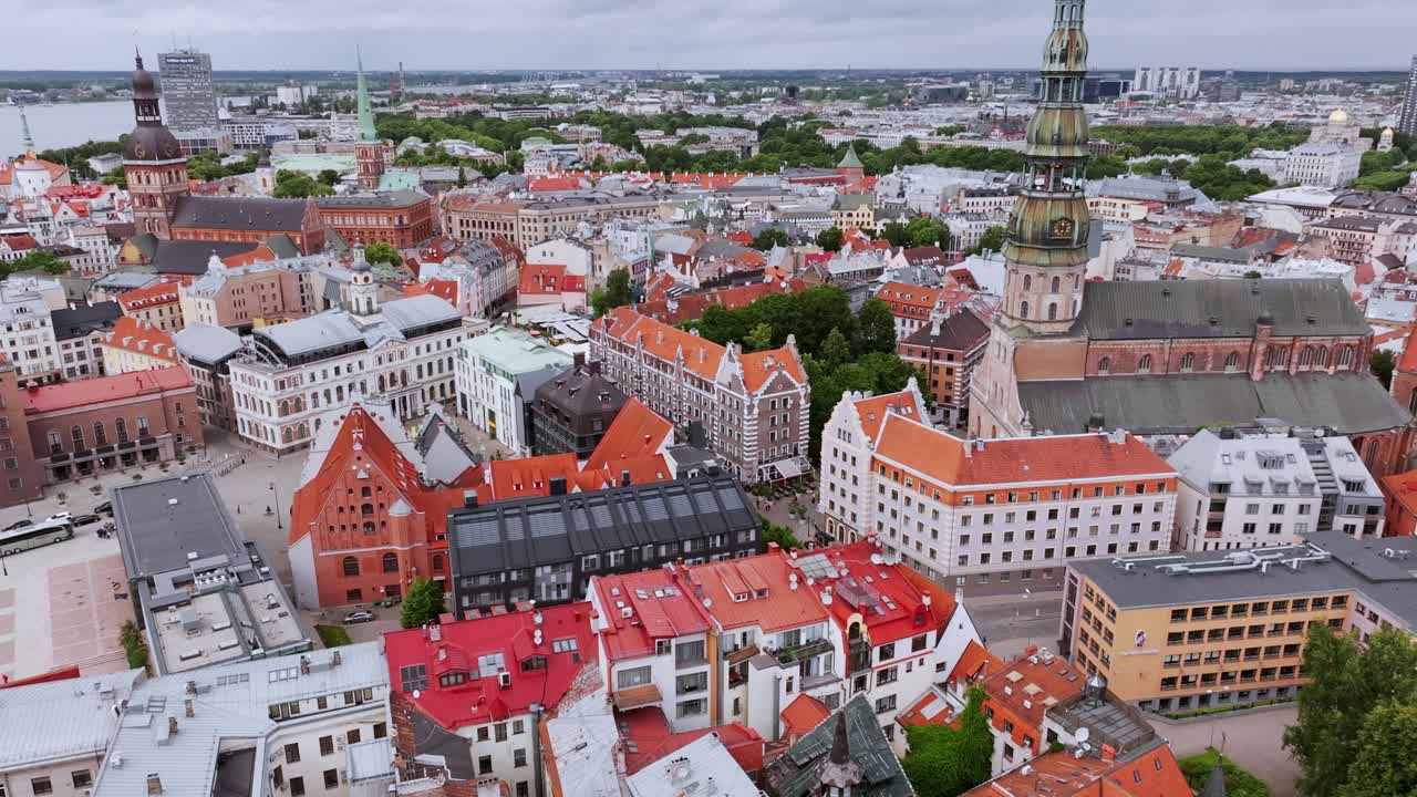 Cinematic top view of Riga's Old Town with dramatic motion around iconic steeple