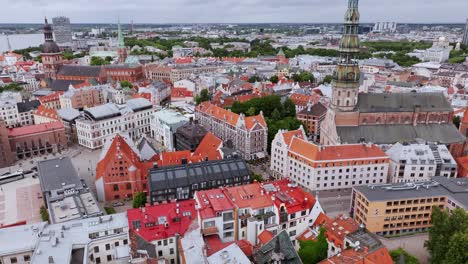 cinematic top view of riga's old town with dramatic motion around iconic steeple