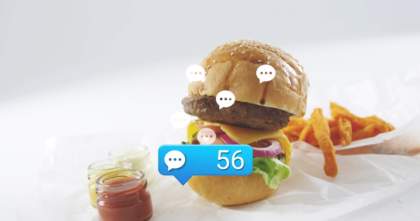 Blue chat-bubble appearing lower-center, counting while burger sliding in, showing rising orders