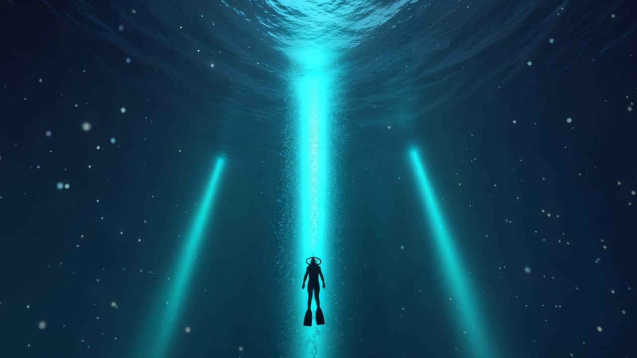 Scuba Diver in Deep Sea with Light Rays