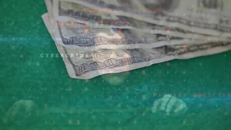 Animation-Von-Zahlen,-Virenwarnung-Und-Hacker-über-Rotierenden-Dollar-Banknoten