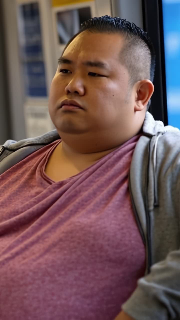 Homem sentado no transporte público, parecendo cansado e relaxado. Com os olhos ligeiramente fechados, ele aparenta calma ou tédio. O cenário é interno, possivelmente um ônibus ou trem, com detalhes de fundo borrados.