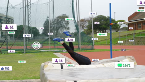 animation of notification bars over happy caucasian female high jumper achieving jump record