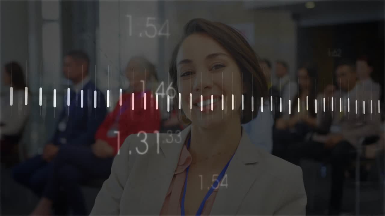 Business professional presenting data, overlaying animated bar charts with numeric values