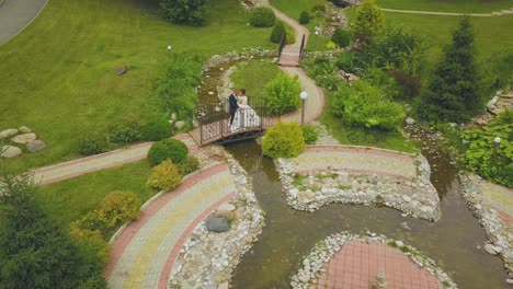 pareja de recién casados en el puente sobre el arroyo en el parque vista aérea