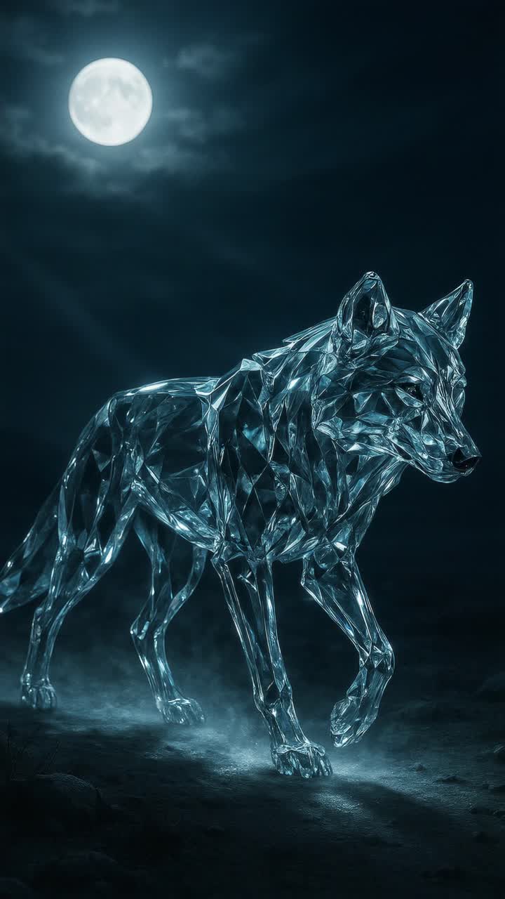 Crystal wolf sculpture walking under a full moon in a dark, atmospheric landscape