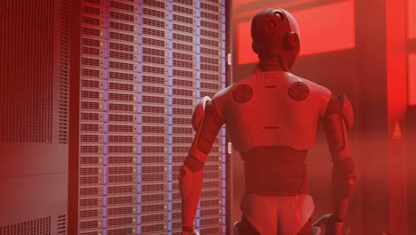 cyborg humanoid in to server internet hi tech red alarm room with red light alert dangerous security system artificial intelligence taking over in 3d rendering animation cybersecurity war