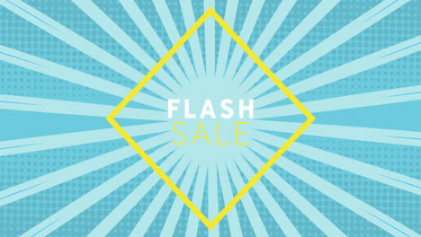 animation of flash sale text in rhombus over blue rays against blue background