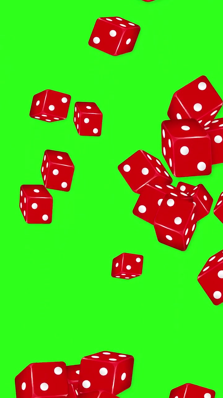Dadi da gioco rossi cadono e rimbalzano su uno sfondo verde brillante (green screen) con orientamento verticale