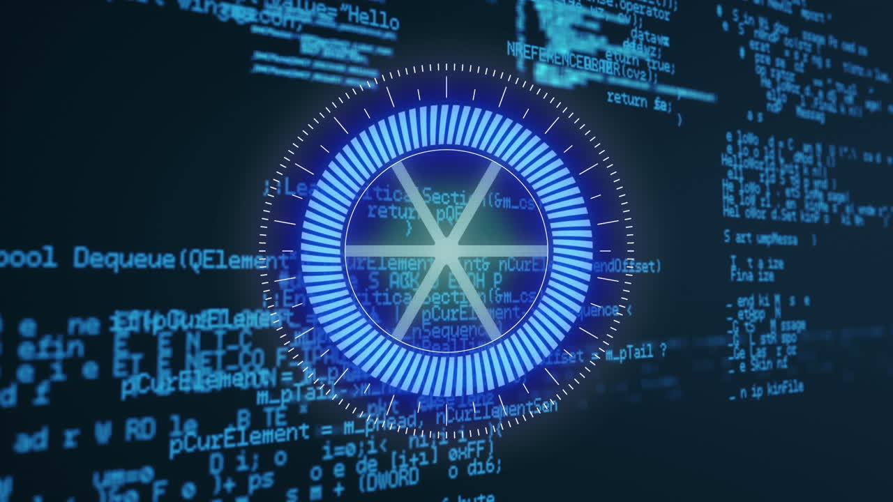 Animation of neon spinning round scanner and data processing against blue background