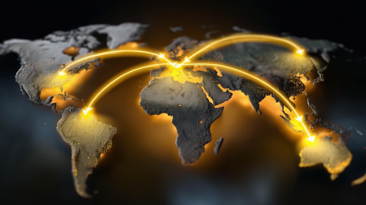 Eine Weltkarte leuchtet mit goldenen Verbindungen. Helle Linien verbinden Kontinente über den Globus. Moderne Technologie symbolisiert globale Kommunikation. Ideal für Geschäfts-, Reise- oder Konnektivitätsthemen.